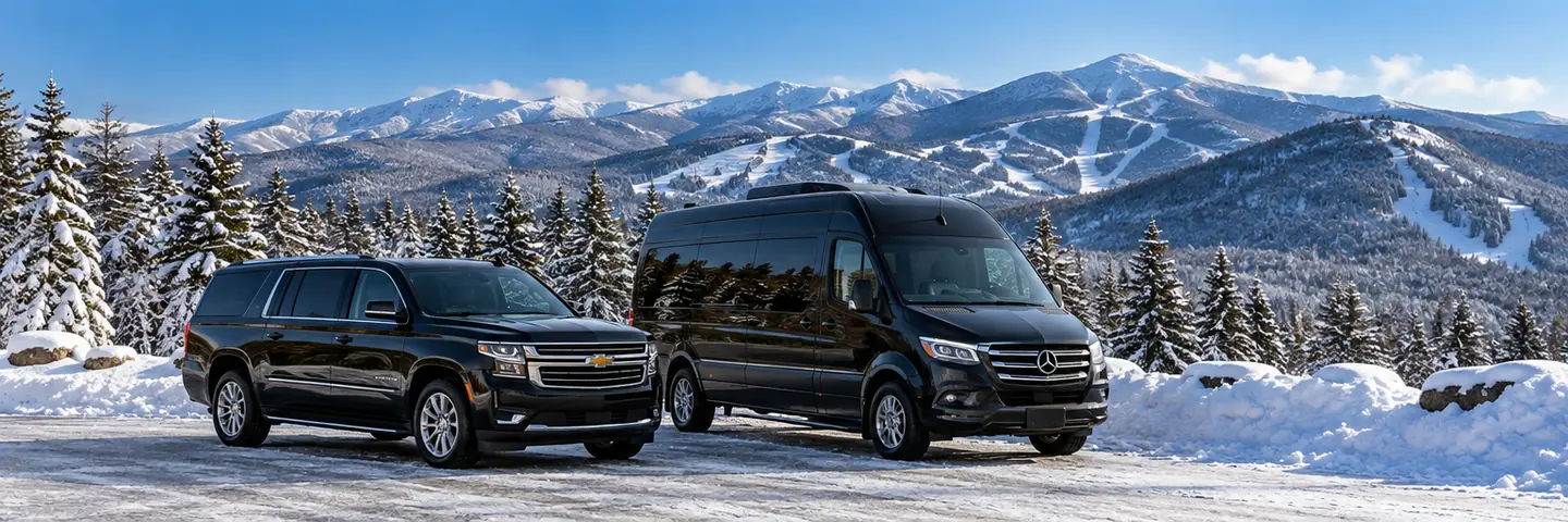 AI-generated illustration of a black SUV and passenger van in a snowy Vermont mountain setting