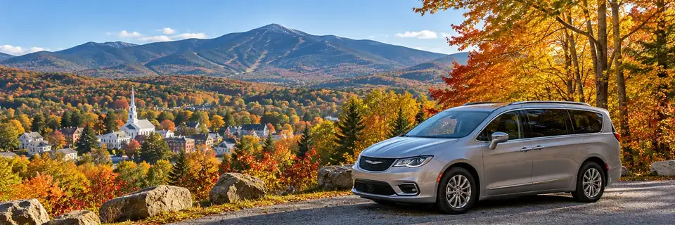 Illustration of a minivan in an autumn Vermont mountain setting